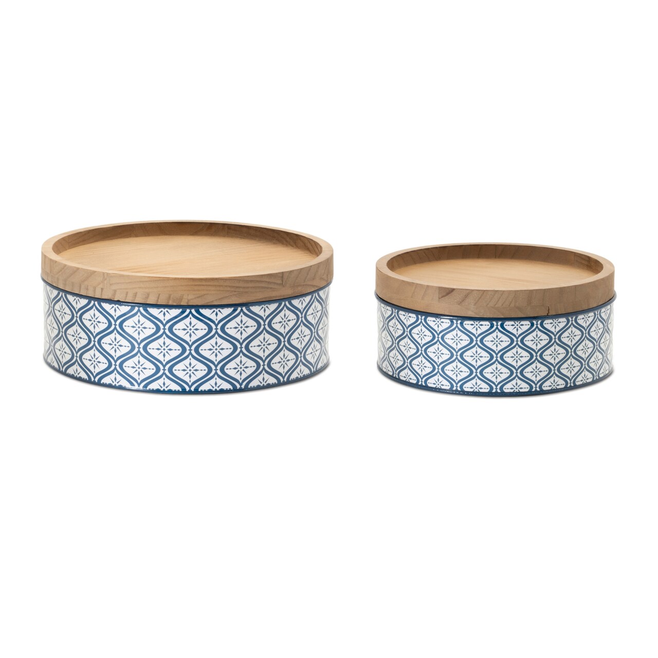 Melrose Diamond Meatal Canister with Wooden Lid - 11" - Blue and White - Set of 2